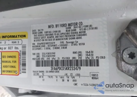 2019 Ford Fusion Sel из США, поврежденный, VIN 3FA6P0CD5KR233479